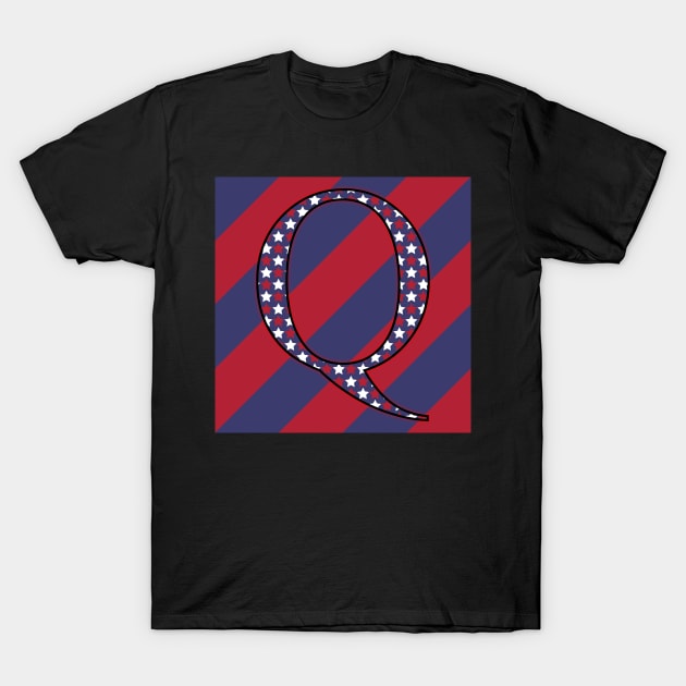 Old Glory Letter Q Star-Filled Black Outline on Red and Blue Stripes T-Shirt by ArtticArlo